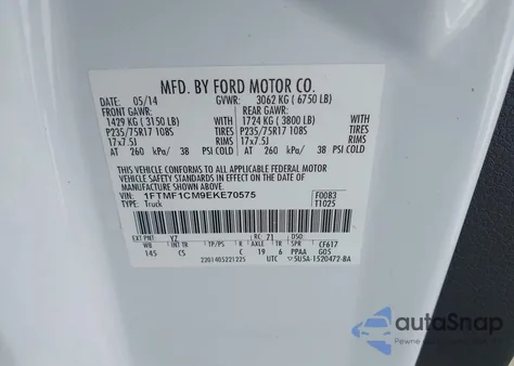 2014 Ford F-150 Xl из США, поврежденный, VIN 1FTMF1CM9EKE70575